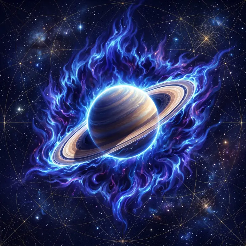 Saturn, the planet that rules numerology number 8, The Taskmaster, shown with its saturn field aura