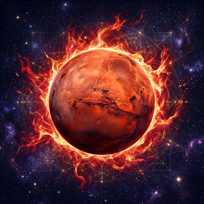 Mars, the planet that rules numerology number 9, The Warrior, shown with its mars blaze aura