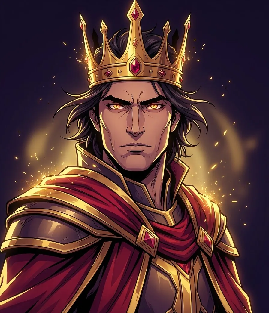 Anime king with a gold crown and glowing amber eyes, the king on the AnkShakti royal match card